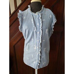 Talbots Blue White Pinstripe Floral Embroidered Ruffle Sleeve Blouse
